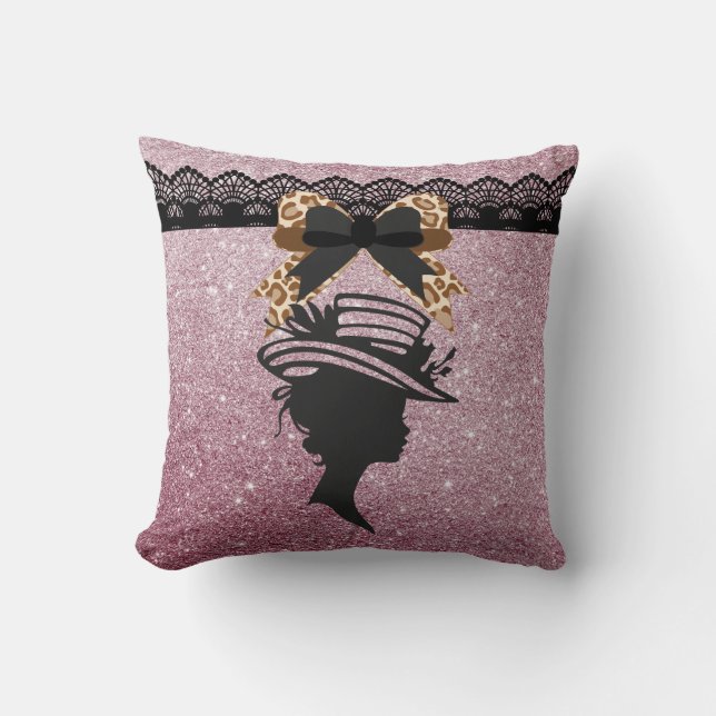 Lady with Hat Pink Faux Glitter Brown Leopard Bow Throw Pillow (Front)
