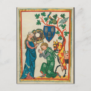 Lady with Knight, 14th Century Medieval Manuscript Postcard