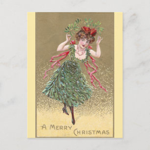 Lady with Mistletoe Dress Vintage Christmas Holiday Postcard
