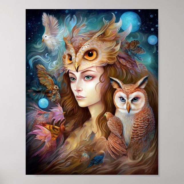 Lady With Owl Surreal Fantasy Art Poster (Front)