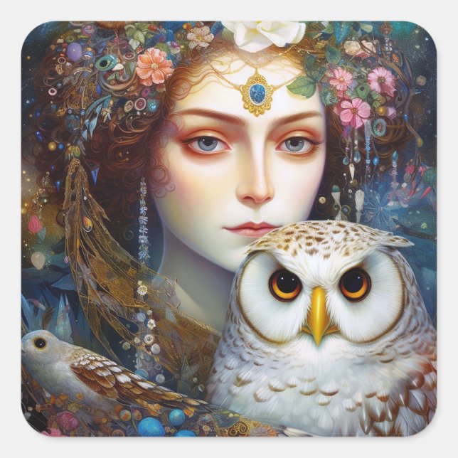 Lady With Owl Surreal Fantasy Art Square Sticker (Front)