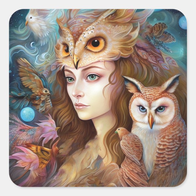 Lady With Owl Surreal Fantasy Art Square Sticker (Front)
