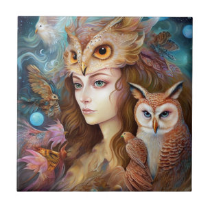 Lady With Owl Surreal Fantasy Art Tile