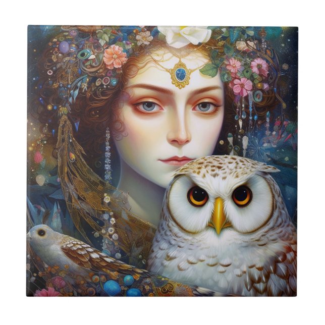 Lady With Owl Surreal Fantasy Art Tile (Front)