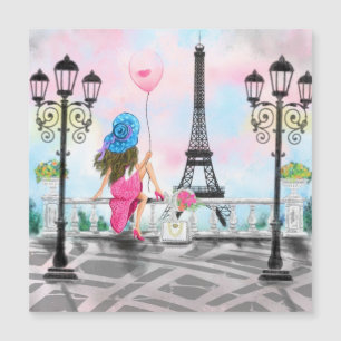 Lady with Pink Balloon Magnetic Card I Love Paris