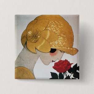 LADY WITH RED ROSE 2 INCH SQUARE BUTTON