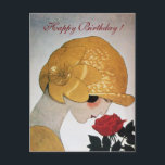 LADY WITH RED ROSE Happy Birthday Postcard<br><div class="desc">Vibrant , classy  French Art Deco  high fashion illustration. Portrait of a beautiful young woman wearing a golden hat with flower,  black  white , yellow  , grey colours .Cool , modern and artistic design.</div>