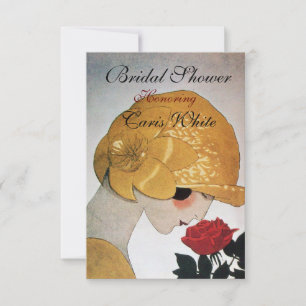 LADY WITH RED ROSE MONOGRAM BRIDAL SHOWER PARTY INVITATION