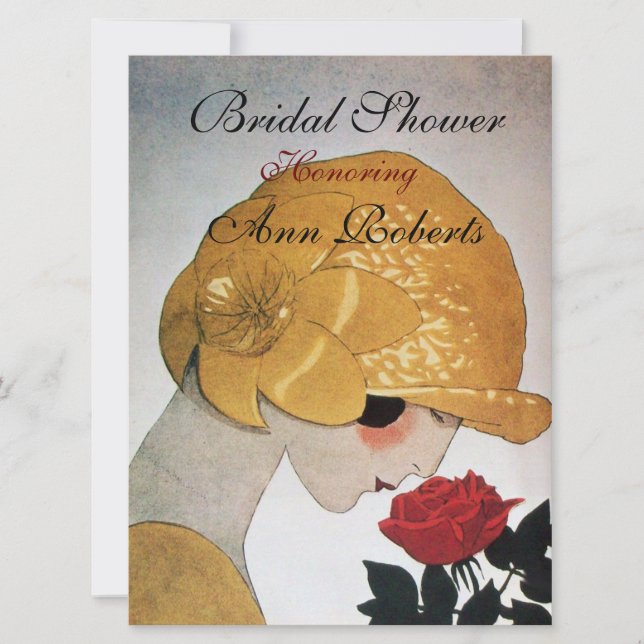 LADY WITH RED ROSE MONOGRAM BRIDAL SHOWER PARTY INVITATION (Front)