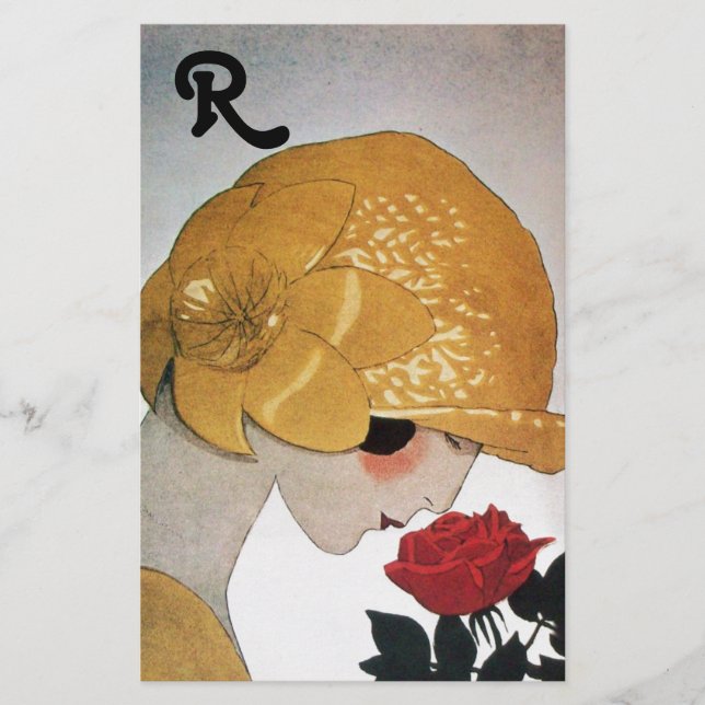 LADY WITH RED ROSE MONOGRAM STATIONERY (Front)