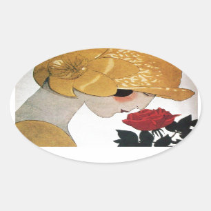 LADY WITH RED ROSE OVAL STICKER
