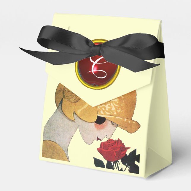 LADY WITH RED ROSE RUBY GEM STONE MONOGRAM ,Cream Favor Box (Front Side)