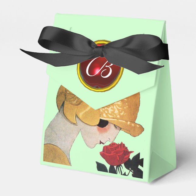 LADY WITH RED ROSE RUBY GEM STONE MONOGRAM ,Green Favor Box (Front Side)