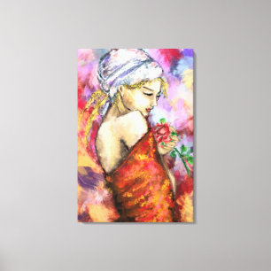 Lady with Rose - Abstract Woman Original Painting Canvas Print