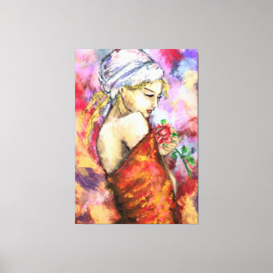 Lady with Rose - Abstract Woman Original Painting Canvas Print