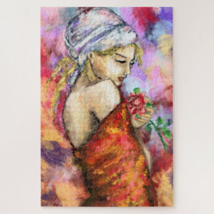 Lady with Rose - Abstract Woman Original Painting  Jigsaw Puzzle