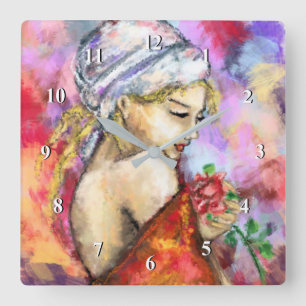 Lady with Rose - Abstract Woman Original Painting Square Wall Clock