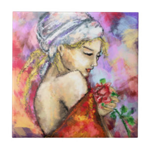 Lady with Rose - Abstract Woman Original Painting Tile
