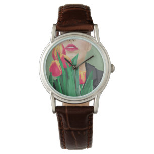 Lady With Tulip Green & Orange Modern Graphic  Watch
