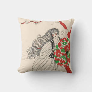 LADY WITH UMBRELLA Art Deco Beauty Fashion Hair Throw Pillow