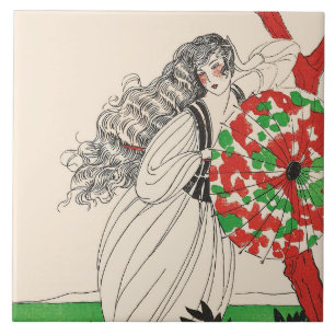 LADY WITH UMBRELLA Art Deco Beauty Fashion Hair Tile