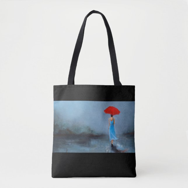 "Lady with Umbrella" blue and black tote bag (Front)