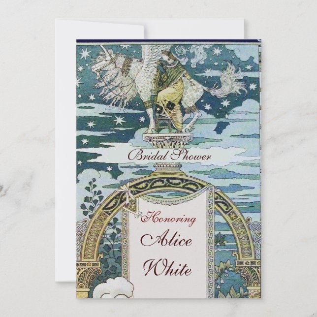 LADY WITH UNICORN BRIDAL SHOWER PARTY Blue White Invitation (Front)
