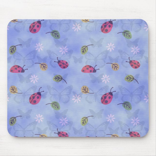 Ladybirds and Autumn Leaves Blue Mouse Pad (Front)