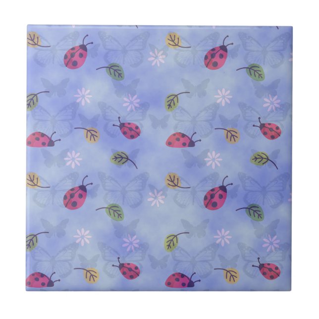 Ladybirds and Falling Leaves Blue Pattern Tile (Front)