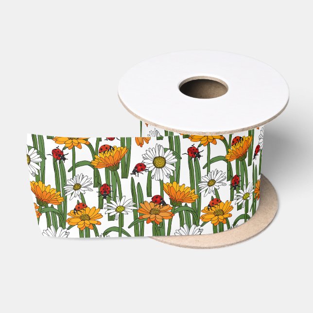 Ladybirds and Summer Flowers Ladybugs Mothers Day Satin Ribbon (Spool)