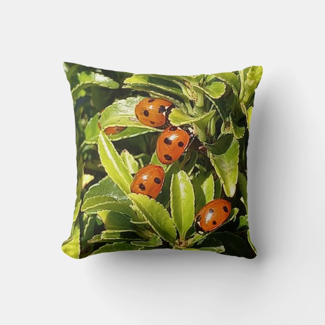 Ladybirds on Leaves Throw Pillow (Front)