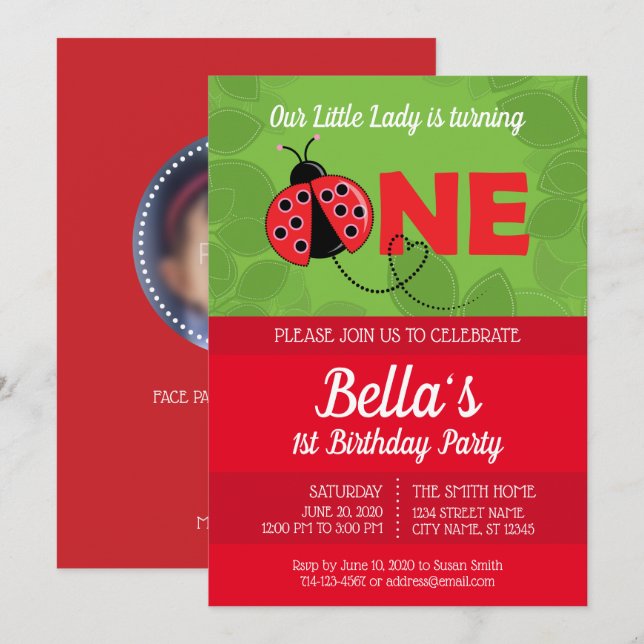 Ladybug 1er anniversaire Invitation avec photo (Devant / Derrière)
