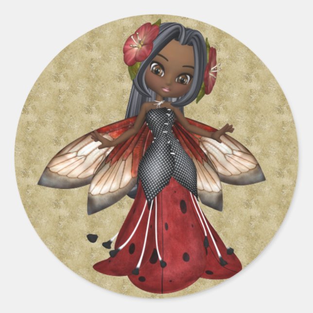 Ladybug African American Faerie Party Classic Round Sticker (Front)
