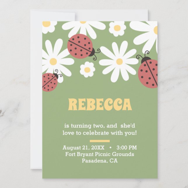 Ladybug and daisies floral feminine birthday  invitation (Front)