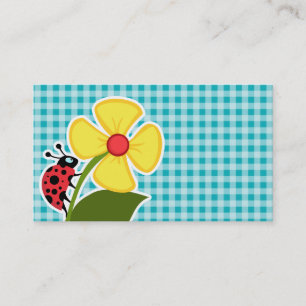 Ladybug and Flower on Blue-Green Gingham Business Card