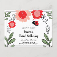 Ladybug and Flowers Kids Birthday Party Invitation