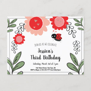 Ladybug and Flowers Kids Birthday Party Invitation Postcard