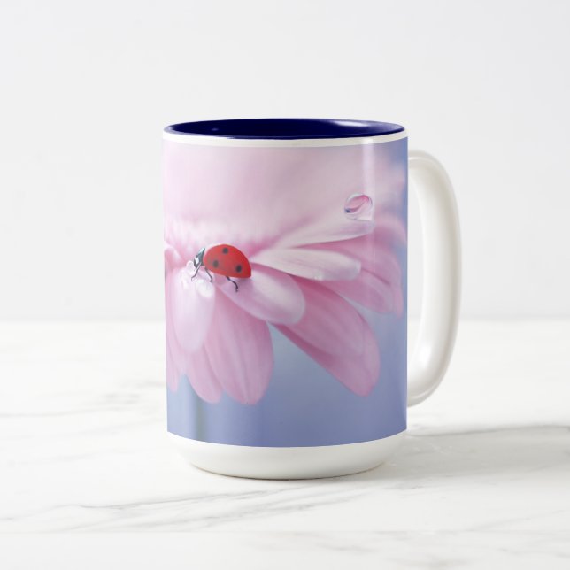 Ladybug and Pink Gerbera Daisy Two Tone Mug (Front Right)