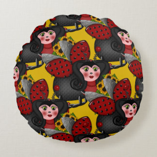 Ladybug and Sunflowers-Diagonal-Yellow-1- Round Pillow