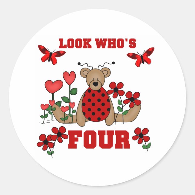 Ladybug Bear 4th Birthday Classic Round Sticker (Front)
