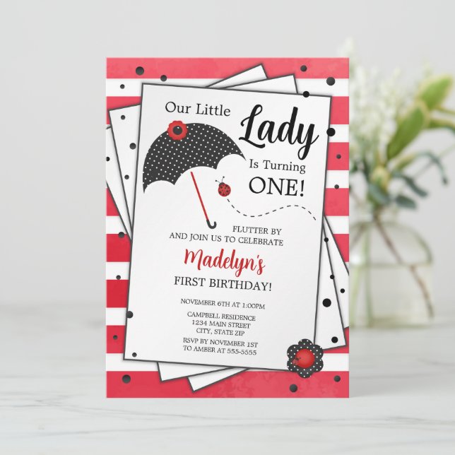 Ladybug Birthday Invitation, 1st Birthday Invitation (Standing Front)