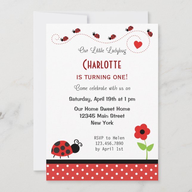 Ladybug Birthday Invitation Black Red Polka Dots (Front)