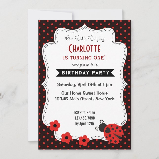 Ladybug Birthday Invitation Black Red Polkadot (Front)