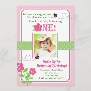 Ladybug Birthday Invitation Pink Ladybug 1st