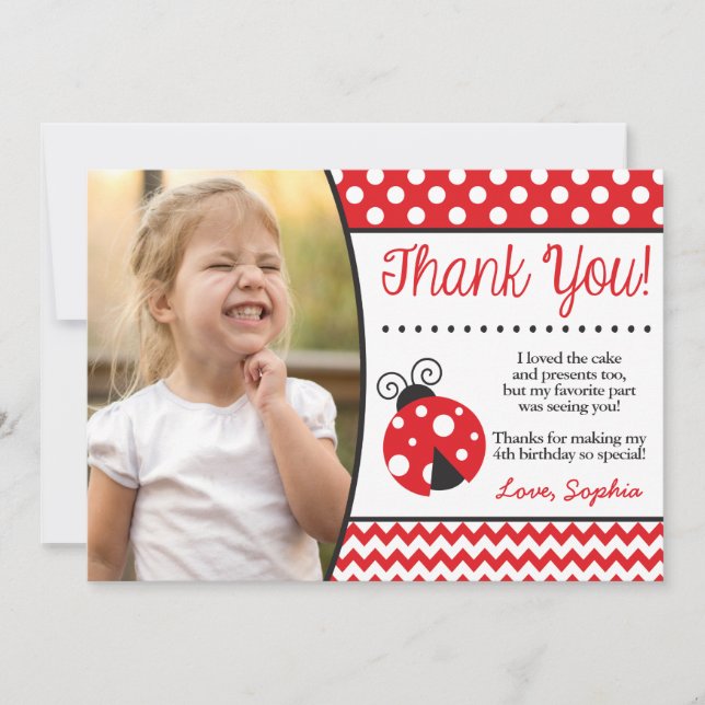 Ladybug Birthday Thank You Card with Photo (Front)