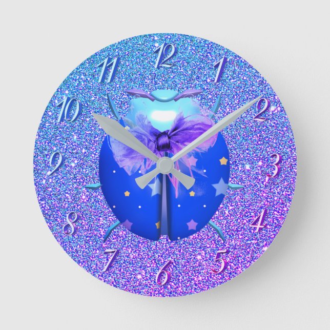 Ladybug blue stars cute glitter round clock (Front)