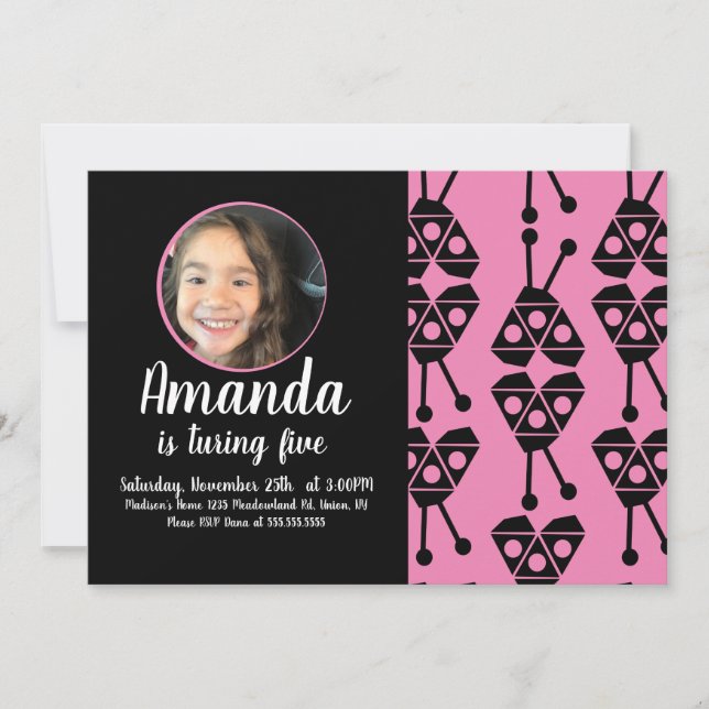 Ladybug Bug Insect Geometrical Birthday Party Pink Invitation (Front)