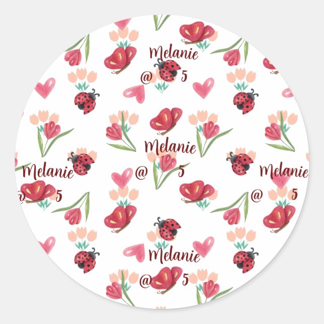 Ladybug, Butterfly and Tulip Heart Pattern Classic Round Sticker (Front)