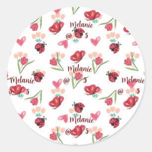 Ladybug, Butterfly and Tulip Heart Pattern Classic Round Sticker