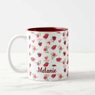 Ladybug, Butterfly and Tulip Heart Pattern Two-Tone Coffee Mug